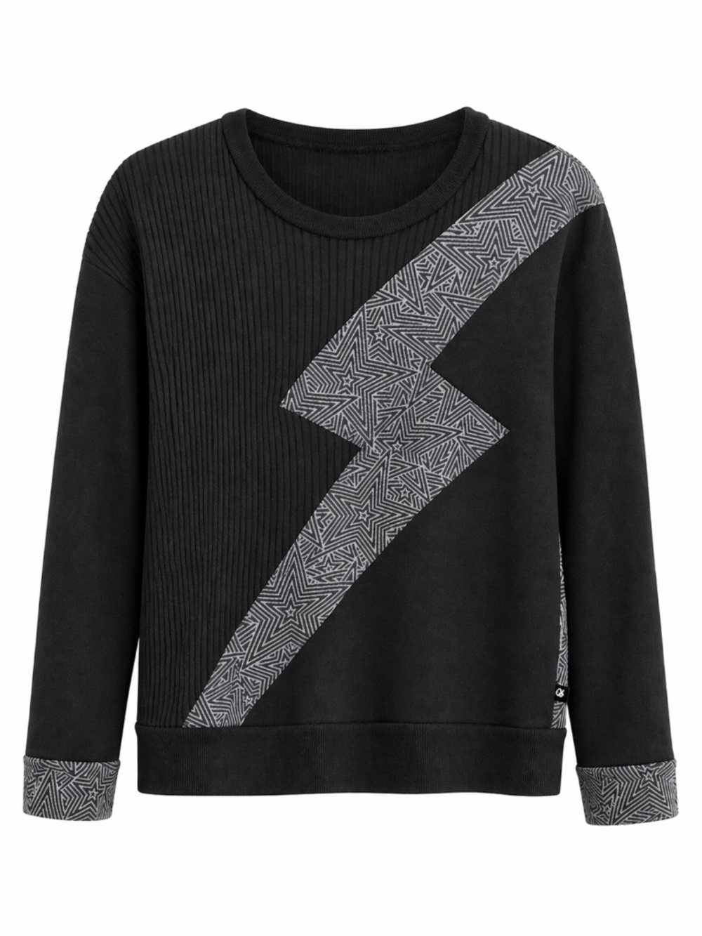 Terez Black Lightning Bolt Sweater Size Large Graphic Star Print Ribbed Knit Pul